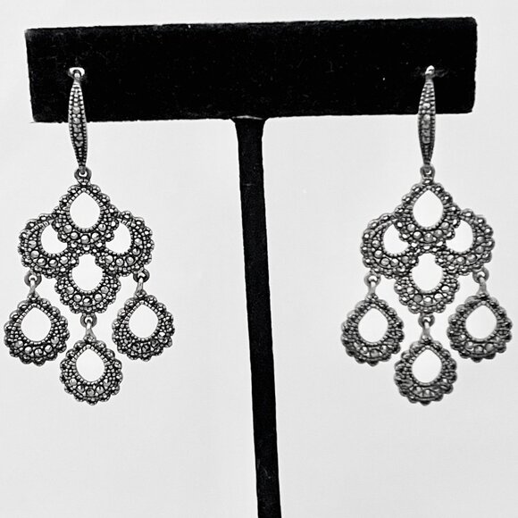 Vintage Judith Jack Sterling Marcasite Chandelier Lever Back Pierced Earrings 2" - Picture 3 of 5